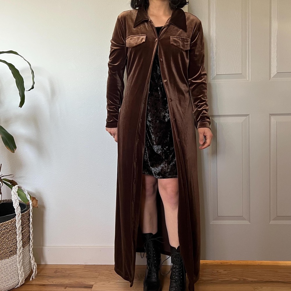 Vintage 1990s Brown Velvet‎ Shirt Dress Maxi Button Front Minimalist Duster